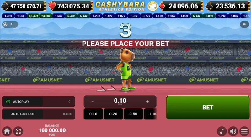Cashybara Athletics Edition - ecranul principal al cursei cu contorul de multiplicator